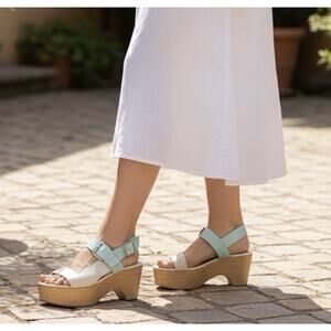 Zara Basic Leather Wooden Platform Sandals Mint Cream Slingback Size 38